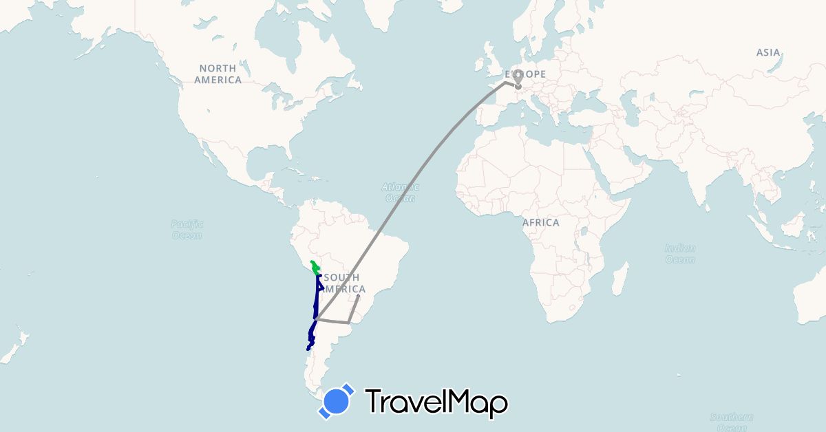 TravelMap itinerary: driving, bus, plane, train, hiking, boat in Argentina, Chile, France, Peru (Europe, South America)