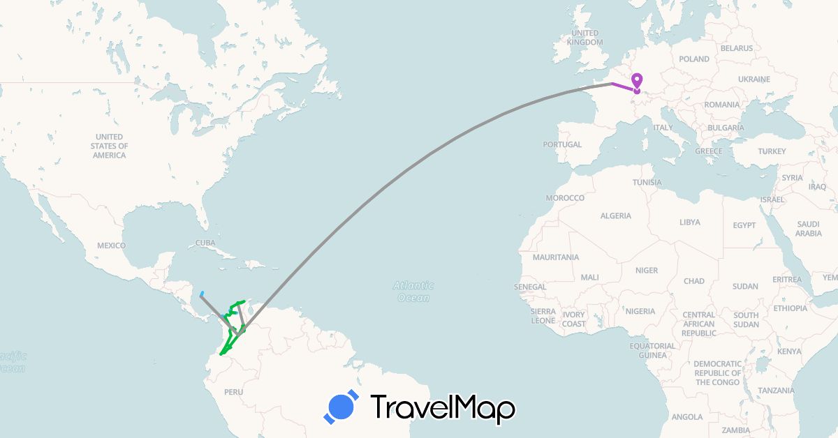 TravelMap itinerary: driving, bus, plane, train, hiking, boat, hitchhiking in Colombia, Ecuador, France, Panama (Europe, North America, South America)